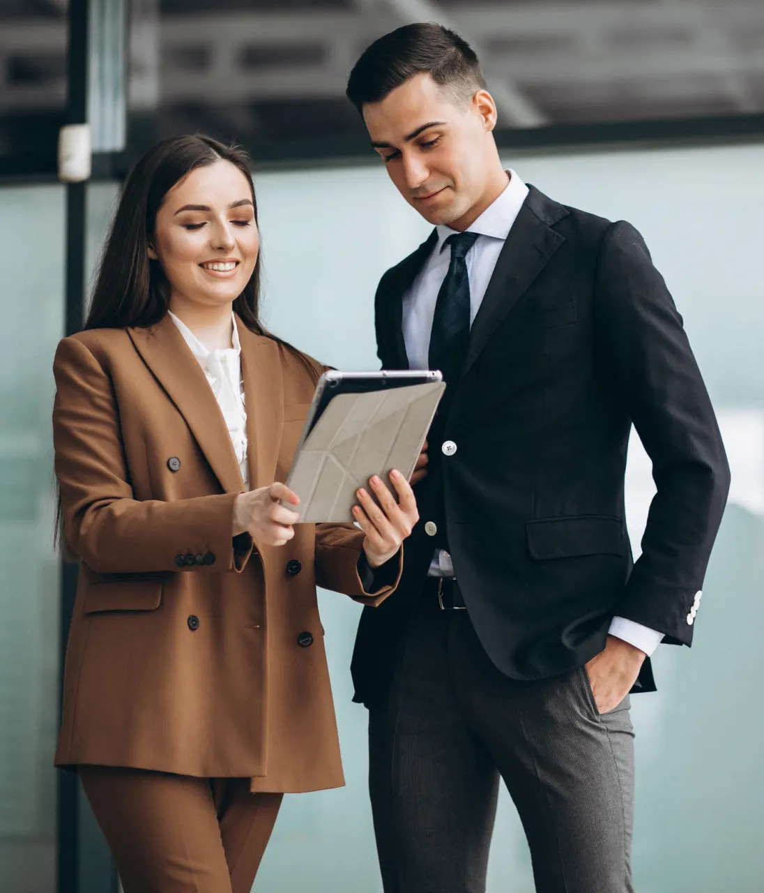 male female business people working tablet office.webp